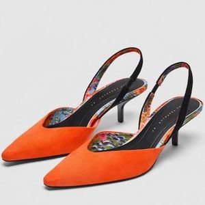 Zara Orange Suede Pointed Toe Kitten Heels